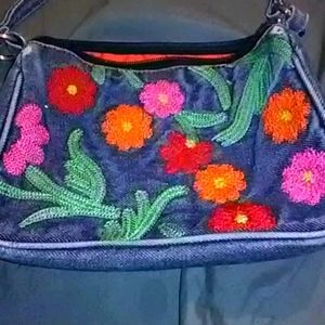 100%cotton denim purse hand stitched flowers